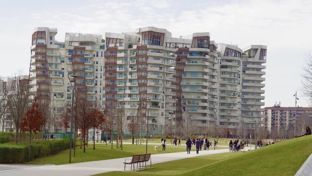 Milan CityLife shopping district Libeskind residences, by Daniel Libeskind. Residenze Libeskind modern architecture buildings with asymmetrical forms at Fiera historic neighborhood in Milano, Italy.