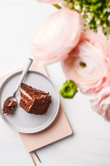 Piece of chocolate cake in gray plate on a white background.