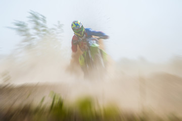 Blurry image of motorcycle rider during motocross race