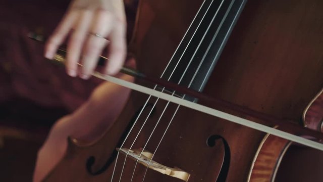 Close view of female violoncellist playing on the strings with fiddlestick