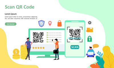 QR Code scanning concept with people scan code using smartphone. Suitable for web landing page, ui, mobile app, banner template. Vector Illustration