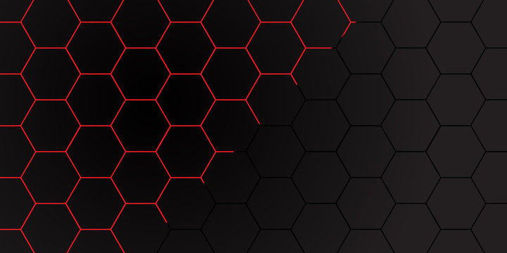 Abstract red line hexagon on dark grey mesh pattern design modern futuristic background vector illustration.