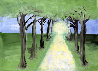 Mysterious road among the trees to the portal drawing colors