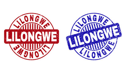 Grunge LILONGWE round stamp seals isolated on a white background. Round seals with grunge texture in red and blue colors. Vector rubber overlay of LILONGWE tag inside circle form with stripes.