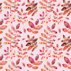 Hand painted watercolor seamless pattern with lovely leaves isolated on pink