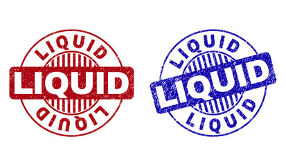 Grunge LIQUID round stamp seals isolated on a white background. Round seals with grunge texture in red and blue colors. Vector rubber overlay of LIQUID tag inside circle form with stripes.