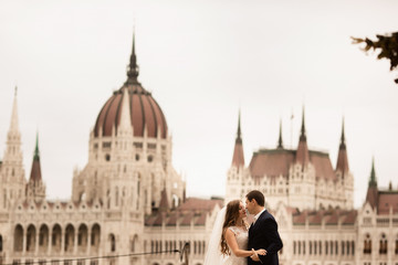 Fototapeta premium Bride and groom are walking near the city embankment in Budapest. Architecture on the background