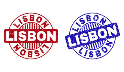 Grunge LISBON round stamp seals isolated on a white background. Round seals with grunge texture in red and blue colors. Vector rubber imprint of LISBON title inside circle form with stripes.