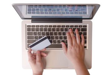 woman hand holding credit card and using laptop making online. payment online, online shopping  isolated on white background with clipping path