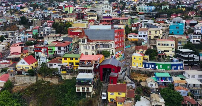 Aerial drone Timelapse of colorful houses on the hills in Valparaiso, Chile