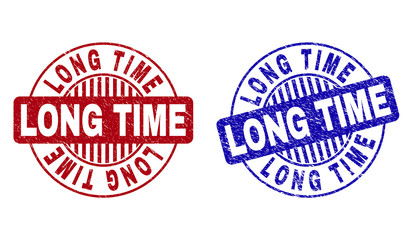 Grunge LONG TIME round stamps isolated on a white background. Round seals with grunge texture in red and blue colors. Vector rubber imprint of LONG TIME tag inside circle form with stripes.