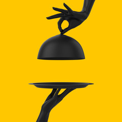 Black Dish with lid holding hands isolated on yellow, opened restaurant cloche, launch time promo banner concept. 3d rendering