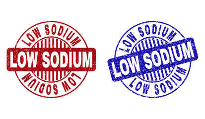 Grunge LOW SODIUM round stamp seals isolated on a white background. Round seals with distress texture in red and blue colors.