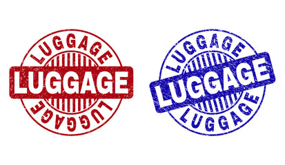 Grunge LUGGAGE round stamp seals isolated on a white background. Round seals with grunge texture in red and blue colors. Vector rubber overlay of LUGGAGE caption inside circle form with stripes.
