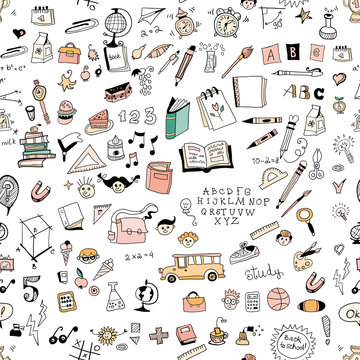 School kids seamless pattern with education elements
