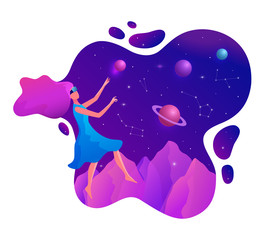 Woman experiencing virtual reality wearing vr goggles vector illustration. Floating girl in space.