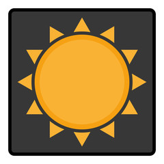 Orange Sun with rays on black, summer badge icon, vector. Summer badge, grey squad with orange sun rays.