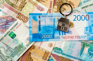 Keychain on the background of russian ruble banknotes