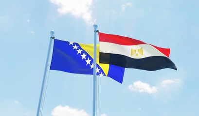 Egypt and Bosnia and Hercegovina, two flags waving against blue sky. 3d image
