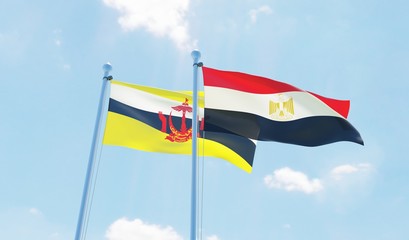 Egypt and Brunei, two flags waving against blue sky. 3d image