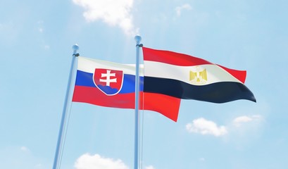 Egypt and Slovakia, two flags waving against blue sky. 3d image