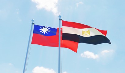 Egypt and Taiwan, two flags waving against blue sky. 3d image