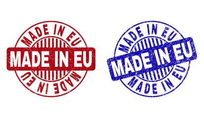 Grunge MADE IN EU round stamps isolated on a white background. Round seals with grunge texture in red and blue colors. Vector rubber imprint of MADE IN EU tag inside circle form with stripes.