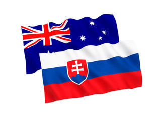 National fabric flags of Australia and Slovakia isolated on white background. 3d rendering illustration. 1 to 2 proportion.
