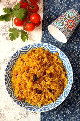 Spicy rice with spices and dried fruits.Healthy eating rice with spices