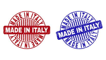 Grunge MADE IN ITALY round stamp seals isolated on a white background. Round seals with grunge texture in red and blue colors.