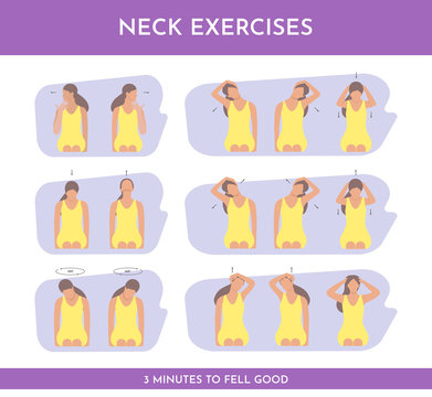 Vector colorful illustration set with neck exercises by woman