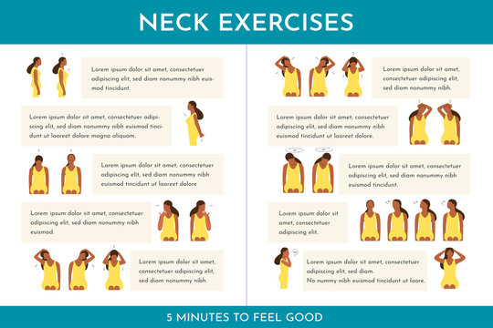 Vector colorful illustration set with neck exercises by girl with dark skin. Creative concept