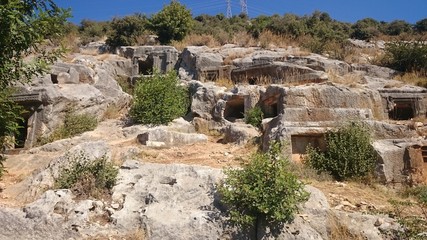 Fototapeta na wymiar Ancient tombs and tombs in the rocks in Demre, Turkey.