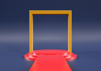 Stage red  podium gold gate, Stage Podium Scene with for Award Ceremony on blue Background, 3d rendering - illustration
