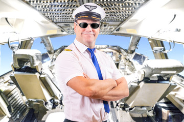 Adult pilot with sunglasses, background of cockpit plane. Captain of air plane with white shirt uniform standing in cabin of aircraft.