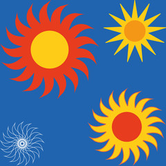 Sun icon set icons, vector. Set of yellow icons of the sun, isolated on blue background.