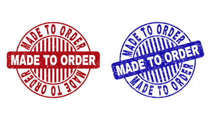 Grunge MADE TO ORDER round stamp seals isolated on a white background. Round seals with grunge texture in red and blue colors.