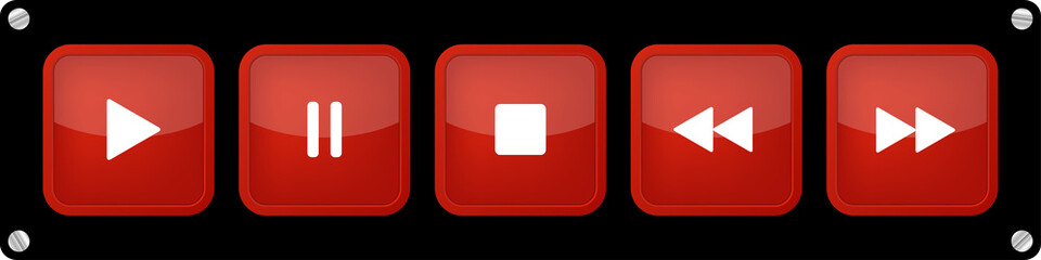 red, white music control buttons with screws