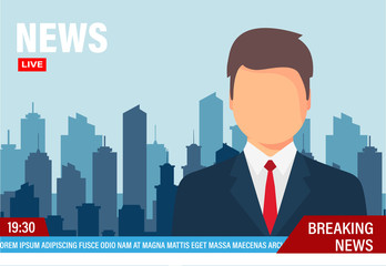 TV news studio with broadcaster. News Anchor on TV. Vector Illustration in flat design © SMUX