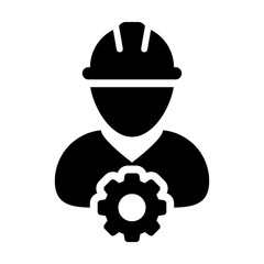 Engineer icon vector male construction worker person profile avatar with gear cogwheel and hardhat helmet in flat color glyph pictogram illustration