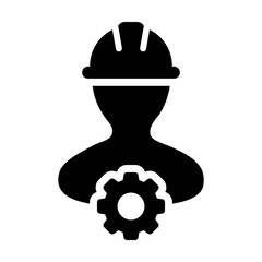 Gear icon vector male construction worker person profile avatar with hardhat helmet in flat color glyph pictogram illustration