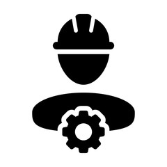 Support icon vector male construction worker person profile avatar with gear cogwheel and hardhat helmet in flat color glyph pictogram illustration