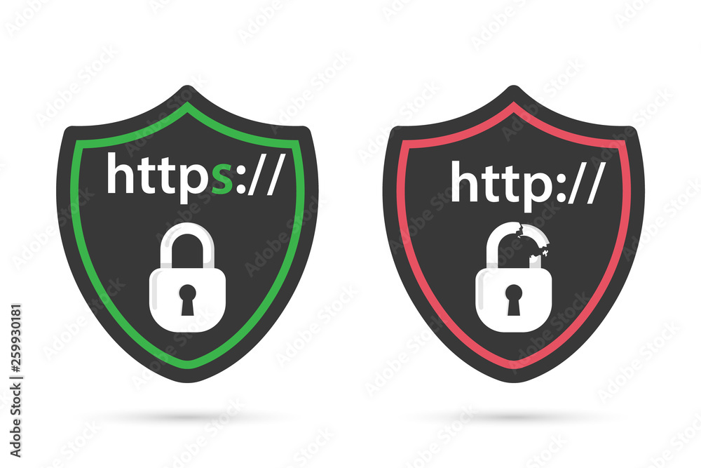 Poster http and https protocols on shield. Safe and Secure https. Secured ssl shield and padlock symbols.
