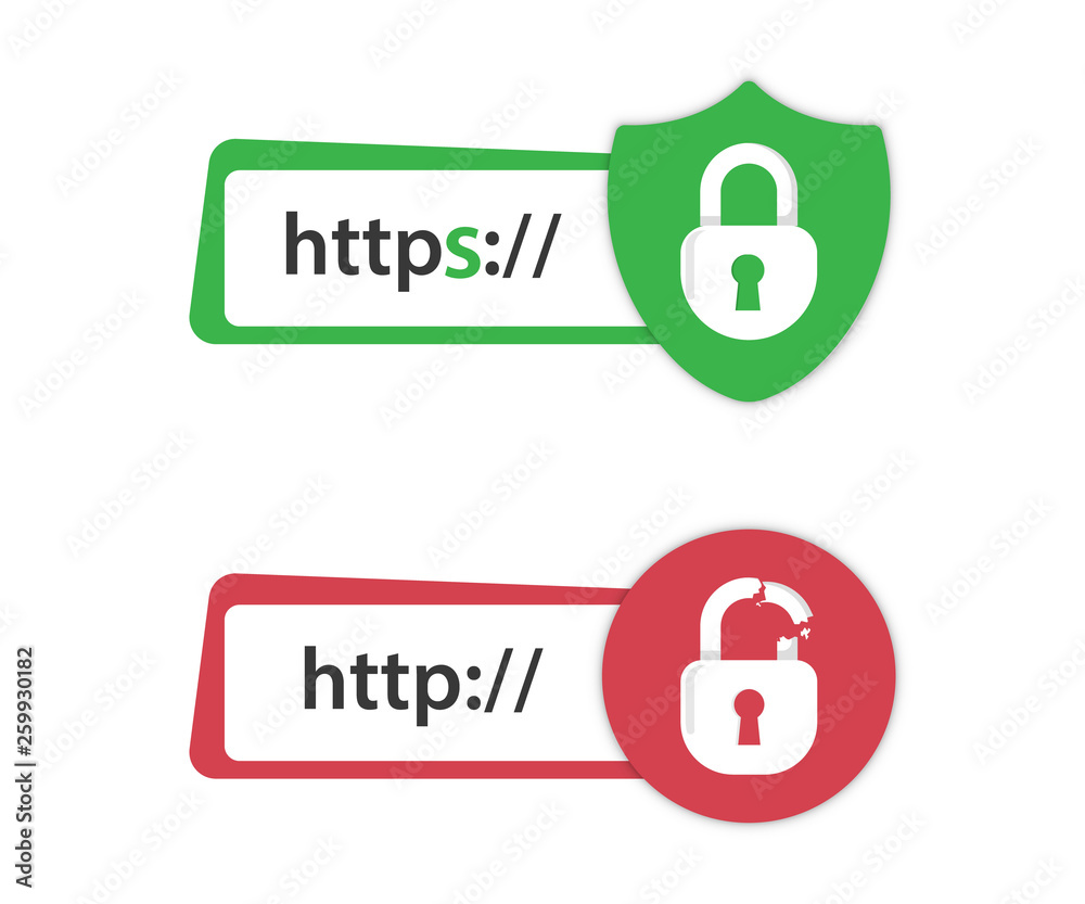 Aufkleber Secure connection. Secured ssl shield and padlock symbols. http https. Safe and Secure Wev Browsing. Safe and Secure https