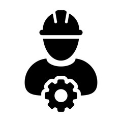 Builder icon vector male construction worker person profile avatar with gear cogwheel and hardhat helmet in flat color glyph pictogram illustration