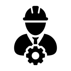 Contractor icon vector male construction worker person profile avatar with gear cogwheel and hardhat helmet in flat color glyph pictogram illustration