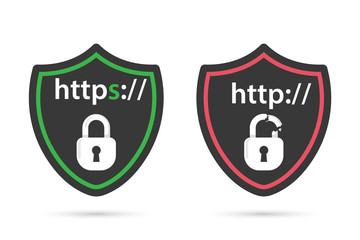 http and https protocols on shield. Safe and Secure https. Secured ssl shield and padlock symbols.