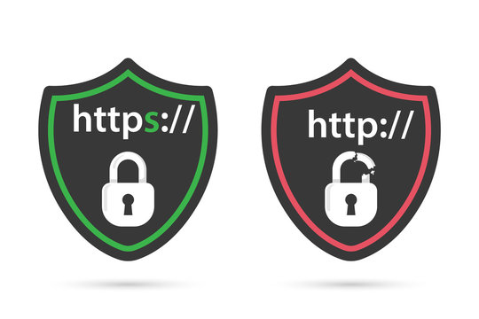 http and https protocols on shield. Safe and Secure https. Secured ssl shield and padlock symbols.