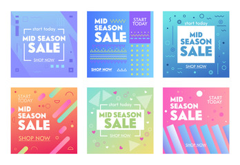 Set of Colorful Banners with Abstract Geometric Pattern for Mid Season Sale. Promo Post Design Templates for Social Media Digital Marketing. Flyers for Influencer Brand Promotion. Vector Illustration