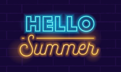 Hello Summer Highly Detailed Realistic Neon Glowing Typography on Dark Blue Background